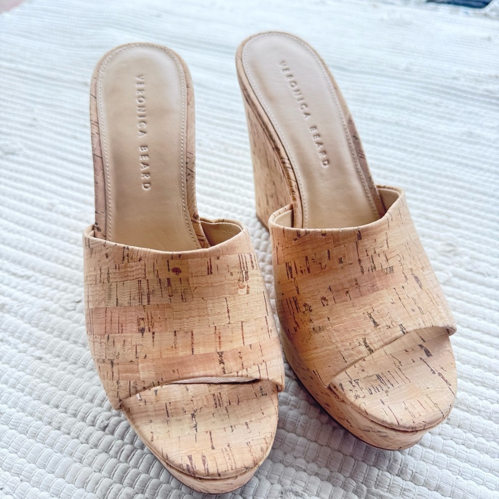 Veronica Beard Cork Platform Wedge Mules Open Toe Slide Sandals 8 - Picture 4 of 7